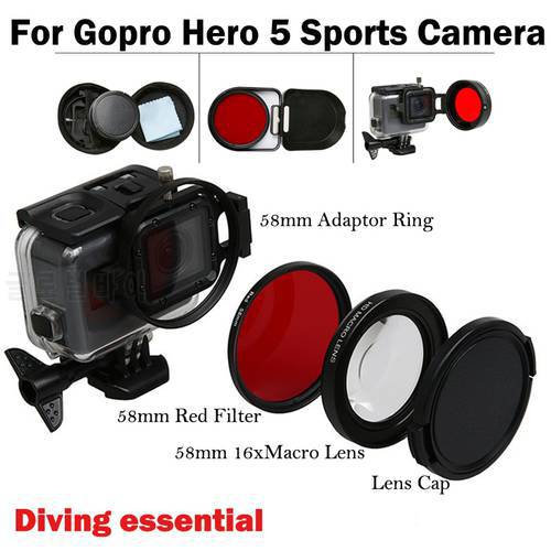 58mm Go pro HERO 5 HERO5 16x Macro Lens + UV Red Filter +Lens Cap for GoPro hero5 Go pro Hero 5 Black sports camera Accessories