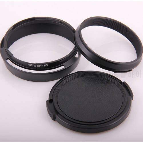 Black 49mm Lens Adapter Ring + Metal Lens Hood +Lens cap for Fujifilm Fuji X100 X100s X100T Replace Lens Hood LH-X100 X70