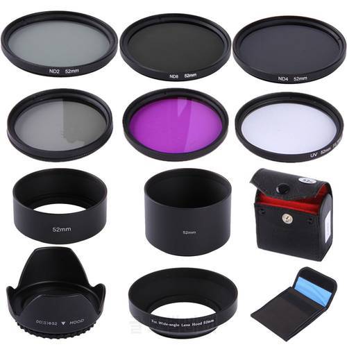 49 52 55 58 62 67 72 77mm UV CPL FLD ND2 ND4 ND8+ 4*Lens Hood +Cloth Bag Filter Kit for For Canon Nikon Sony Camera