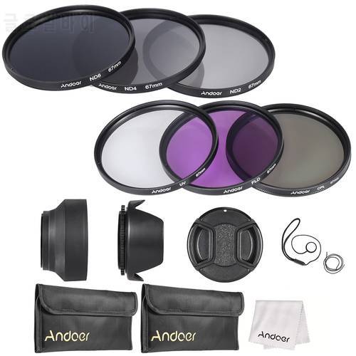 Andoer 67mm Lens Filter Kit UV+CPL+FLD+ND(ND2 ND4 ND8) with Carry Pouch Lens Cap Holder Tulip & Rubber Hoods Cleaning Cloth