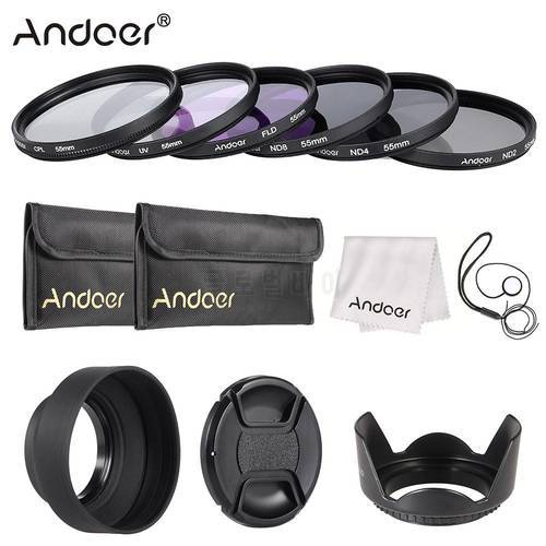 Andoer 49-72mm Lens Filter Kit UV+CPL+FLD+ND(ND2 ND4 ND8) with Carry Pouch/Lens Cap/Lens Cap Holder/Tulip & Rubber Lens Hoods
