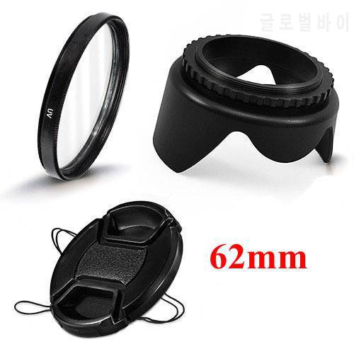 62mm Camera Accessories 3 in 1 set UV Lens Filter Lens Cap Lens Hood for For Canon Nikon Sony Olympus