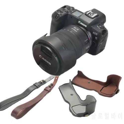 Genuine Leather Camera Bag Case Bottom Cover For Canon EOS R Camera Half Body Case with Wrist strap