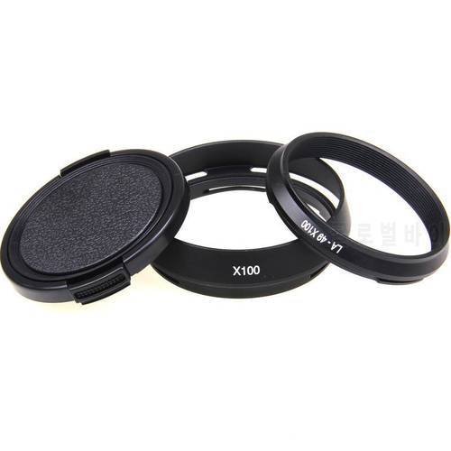 Lens Hood LA-49X100 Adapter Ring + Lens cap For FUJIFILM Fuji X100 X100s Black