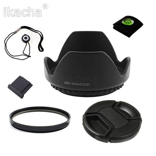 49 52 55 58 62 67 72 77 82mm UV Filter+Center Pinch Snap-on Cap Cover+Anti-lost Rope+Lens Hood+2pcs Hot Shoe Camera 6in1 Set