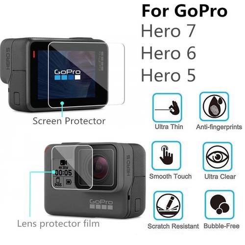 VSKEY 100PCS Tempered Glass for GoPro Hero 7 6 5 Camera LCD Screen Protector + Lens Cap Protective Film for Hero 5/6/7