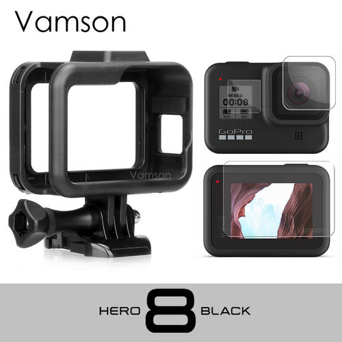 Vamson for GoPro Hero 8 Black Frame Case Border Protective Cover Tempered Glass Screen Protective for GoPro Accessories VP652