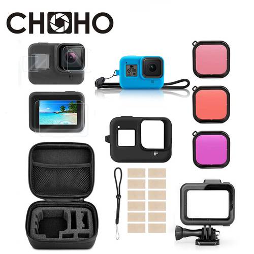 For Gopro 8 Black Accessories Sets Waterproof Case Dive Filter Frame Case Screen Protector Silicone Shell For Go Pro Hero 8