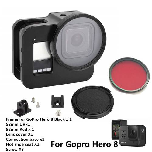 Anordsem for GoPro Hero 8 Black CNC Aluminum Alloy Housing Shell Case Protective Cage with Insurance Frame & 52mm UV Lens Mount