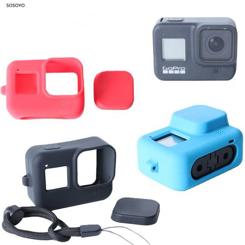 3 in 1 Soft Silicone Case Housing Lens Protective Cap Lanyard Black Blue Red For Gopro Hero 8 Black Action Camera Accessoriess