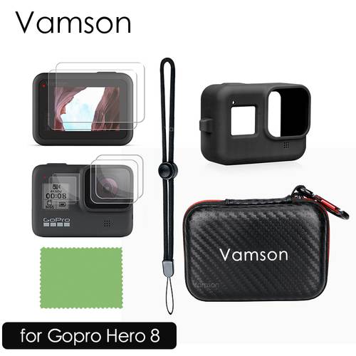 Vamson Accessories Kit for GoPro Hero 8 with Black Silicone Rubber Protective Case + Ultra Clear Tempered Glass Screen Protector