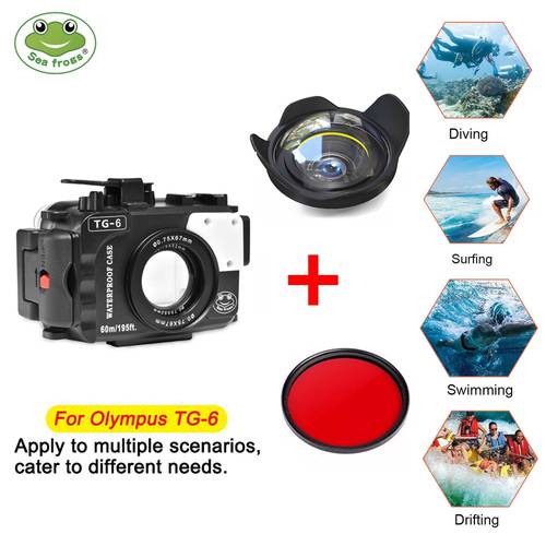 SeaFrogs TG6 60m/195ft Underwater Diving Waterproof Housing Camera Case for Olympus TG-6 Waterproof Camera Bags w Wet Dome Port