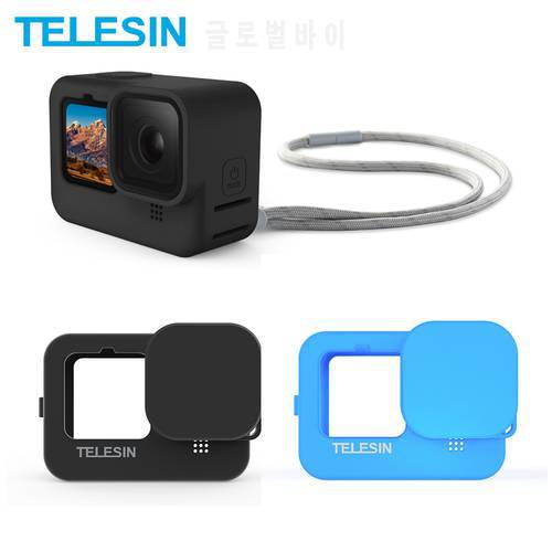 TELESIN Soft Silicone Case For GoPro 9 10 11 Lens Cap Blue Black Adjustable Hand Wrist Strap For GoPro Hero Black Accessories