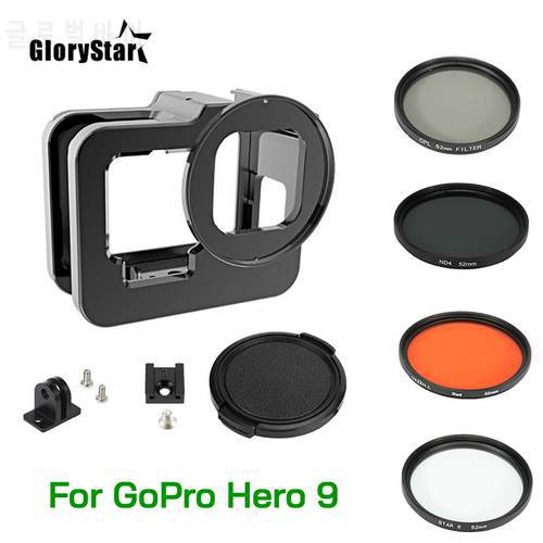 Metal Aluminum Protective Frame Case Cage for GoPro Hero 9/10 Black with 52mm CPL/Red/ND4/8/16/Star/10x Macro/Filter for Go Pro