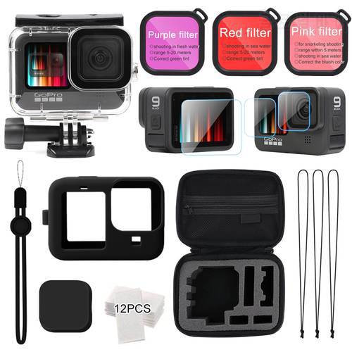 For Gopro Accessories Set go pro hero 9 kit EVA case Tempered film waterproof Housing case red filter silicone Protector