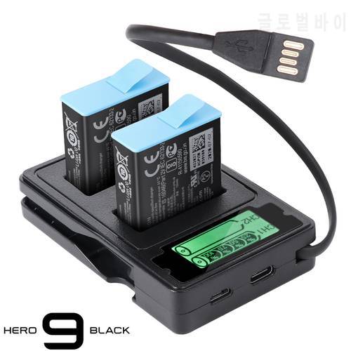For GoPro Hero 9 Black dual double Channel Battery charger LCD display Type C Charging Cable For gopro 9 Accessories
