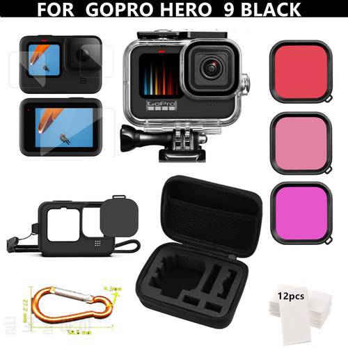 For Gopro hero10 9 kit EVA case Tempered Glass waterproof Housing case red filter Frame silicone Protector Gopro Accessories Set
