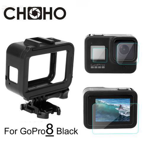 for GoPro 8 Black Frame Case Border Protective Cover House + Tempered Glass Screen LCD Protect for Go Pro 8 New Accessories
