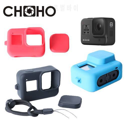 For Gopro 8 Black Protective Case Housing Soft Rubber Silicone Frame + Lens Cap + Strap Red Blue For Go Pro Hero8 Accessories