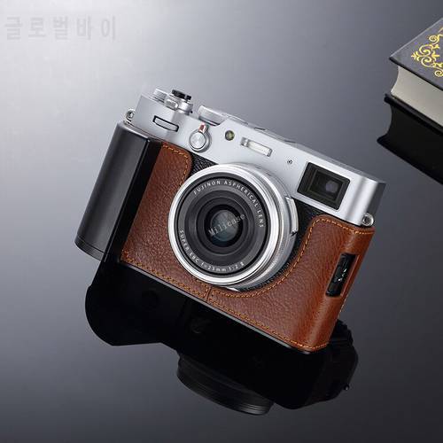 Genuine Leather Camera Half Case With Hand Grip Plate Built-in for Fujifilm X100V Fuji X-100V BROWN