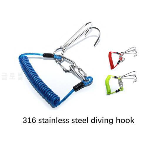 Diving Drift Reef Flow Hook Double Hook With Spiral Coil Lanyard Rope 316 Stainless Steel Scuba Safety Quick-release Drift Hook