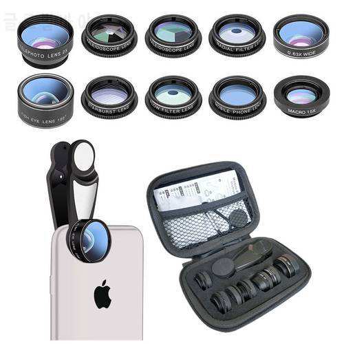 10in1 Phone Lens Fisheye Wide Angle Zoom Lens Fish Eye Macro Lenses Camera Kits
