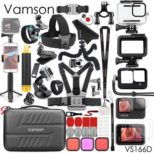 Vamson for Go Pro 10 9 Tempered Film Waterproof Housing Case Side Cover Kit Tripod Monopod Mount Accessories for Gopro Hero 10 9
