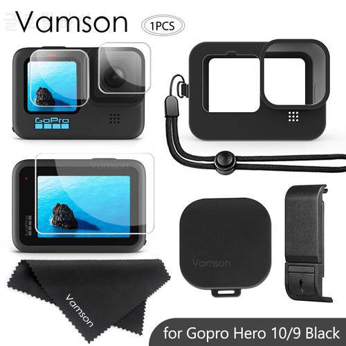 Vamson for Gopro Hero 10 9 Black Silicone Protective Cover with Tempered Glass Film Battery Side Case for GoPro 11 Accessories