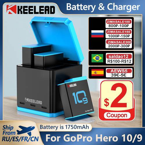 KEELEAD Battery For GoPro Hero 10 Accessories 1750mAh 3 Ways LED Light Fast Battery Charger For Go Pro 9 10 Black Action Camera