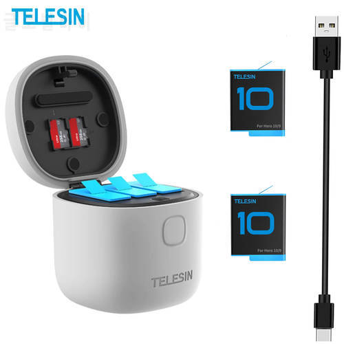 TELESIN Battery 1750 mAh for GoPro Hero 10 9 11 3 Way LED Light Battery Charger TF Card Battery Storage For Go Pro 9 10 11 Black