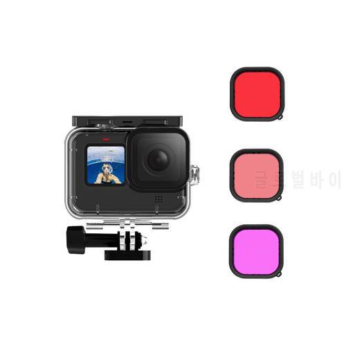 3pcs Waterproof Case Lens Filters For Go Pro Hero 9 Black Red Purple Pink Tempered Glass Lens Cover For Go pro Hero 9 Black