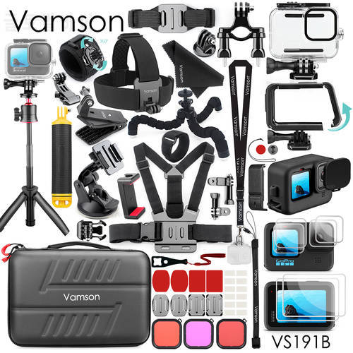 Vamson for Gopro 10 9 Action Camera Head Strap Tripod Buoyancy Bar Waterproof Housing Case Side Cover for Gopro Hero 10 9 Black