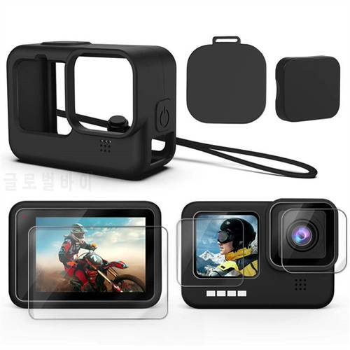 Accessories Kit Black Silicone Sleeve Protective Case Tempered Glass Screen Protector Lens Cover Cap for GoPro Hero 10/9