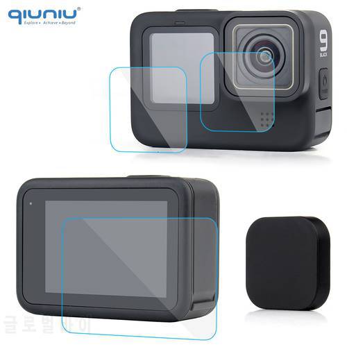 QIUNIU 2 Sets Lens Protective Film Tempered Glass Screen Protector + Lens Cap for GoPro Hero 9 10 11 Black Go Pro Accessories