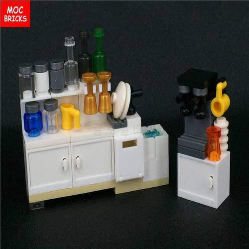 Set Sale MOC Bricks Cabinet Water Dispenser Cooking Bench Oven Educational Building Blocks Assembled Toys best kids gifts