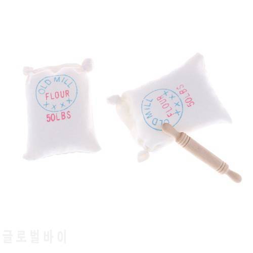 3pcs/set Two Bags Flour And Rolling Pin Toy DIY Hut Doll House Mini Food Accessories Model 1:12 D Dollhouse Miniatures