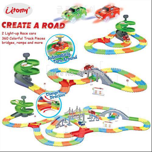 Deluxe glowing in the dark Racing Set 360PCS Flexible tracks,1 Rotary Table,2 Electric Light Up Cars,bridges,ramps and more