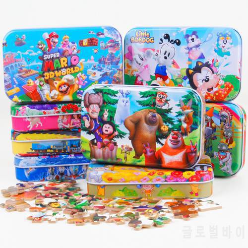 60pcs/set Wooden Puzzle Cartoon Toy 3D Wood Puzzle Iron Box Package Jigsaw Puzzle for Children Early Educational Montessori Toys