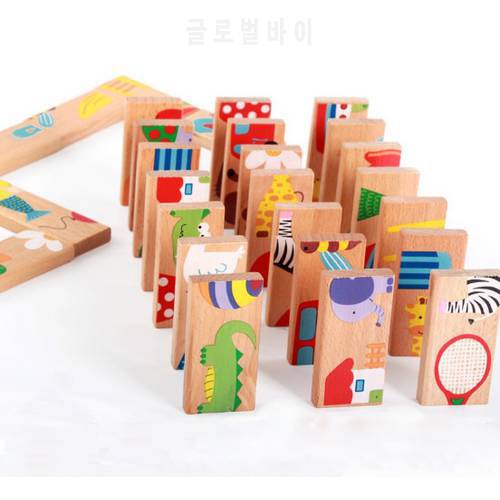 28 pcs/set Wooden Dominoes Colorful Animals Puzzle Cartoon Montessori Educational Toys for Kids Gift