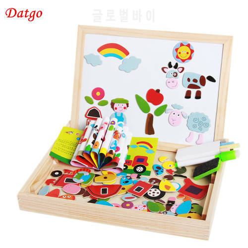 Wooden Toys Magnetic Puzzle Animal Farm Castle Double Painting Board Kids Puzzles Educational Toy Gift for Children 100+PCS
