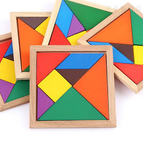 5sets/lot Wooden Tangram 7 Piece Jigsaw Puzzle Colorful Square IQ Game Brain Teaser Intelligent Educational Toys for Kids