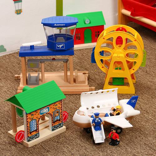 EDWONE AirPlain Ferris Wheel Cargo Ship Wooden Train Track Railway Accessories Educational Slot DIY Original Toy Gifts For Kids