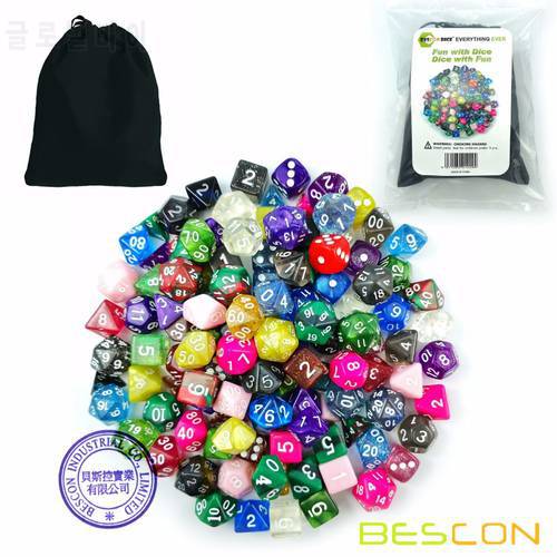 Bescon 120pcs Treasure Set, Randomly Mixed RPG Dice Pack of 120 Polyhedral Dice Mix of Rainbow Glitter,Gem,Swirly, Stone Styles