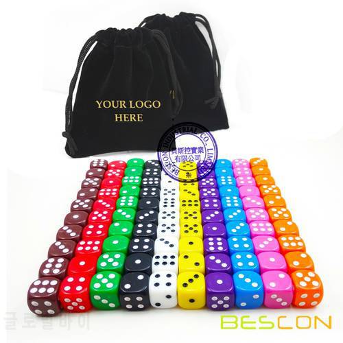 Bescon Multi-Colored 16MM Game Dice Pack of 100pcs 10 Assorted Different Colors - Black Velvet Bag