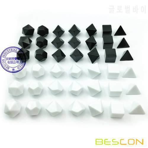 Bescon Blank Polyhedral RPG Dice Set 42pcs Artist Set, Solid Black and White Colors in Complete Set of 7, 3 Sets for Each Color