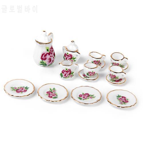 15 pieces Porcelain tea set Dollhouse miniature foods Chinese rose dishes cup