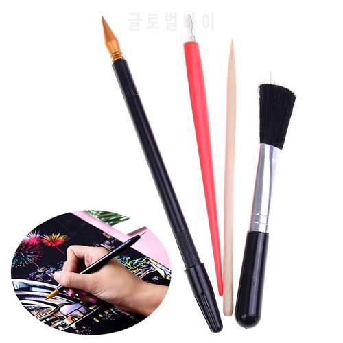 4Pcs Painting Drawing Scratch Arts Set with Stick Scraper Pen Black Brush for Scratch Sketch Art Papers Boards Tools DIY Gift