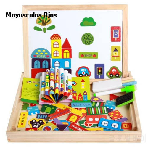 1Set Magnetic Jigsaw Puzzle Wooden Box Insect Forest Animals Happy Farm City Traffic Spell Music Magnetic Patch Toys