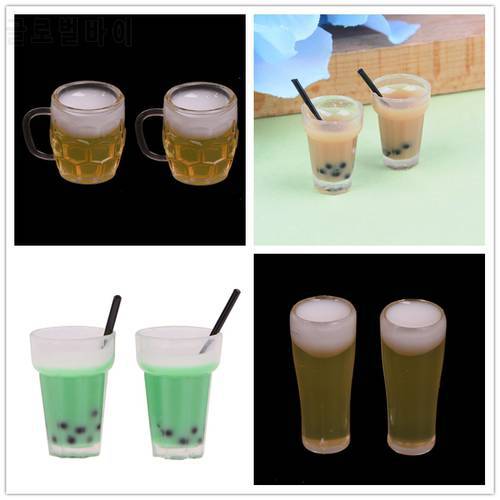 Wholesale 2Pcs/Lot Doll House Miniature Tea With Milk Cups Mini Wine Beer Cup Food Drink Beverage Toy Decoration Glass Model