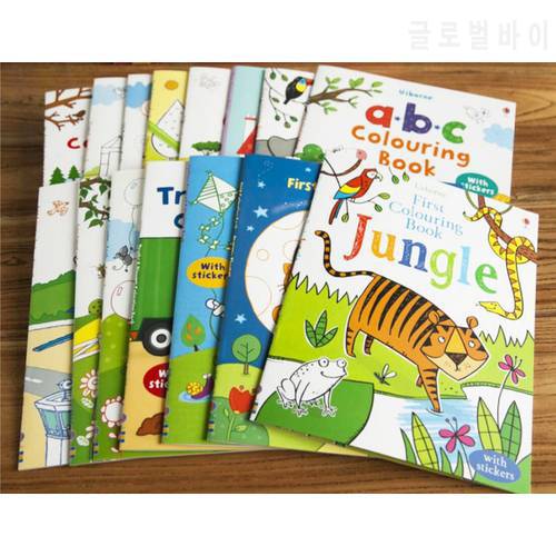 21.5*27cm Children Cartoon Coloring Books with Stickers Paint Learning Notebook Animals Getting Dressed Trucks Diggers Preschool